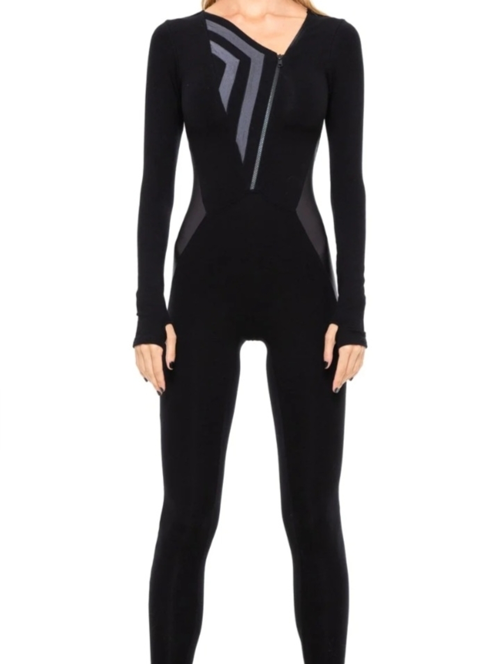 Black Long-Sleeve Zip-Front Jumpsuit with Gray Accent